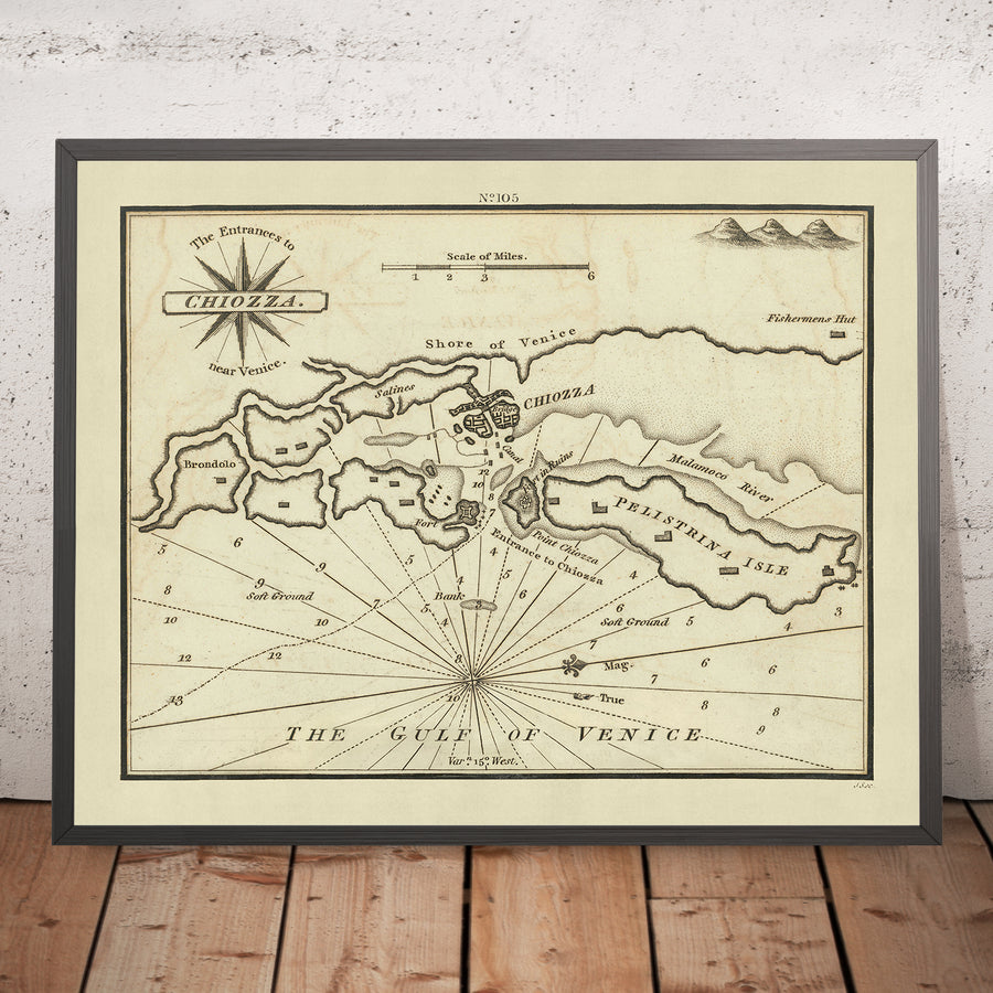 Ancienne entrée de la carte nautique de Chioggia par Heather, 1802 : Golfe de Venise, rivière Malamocco 