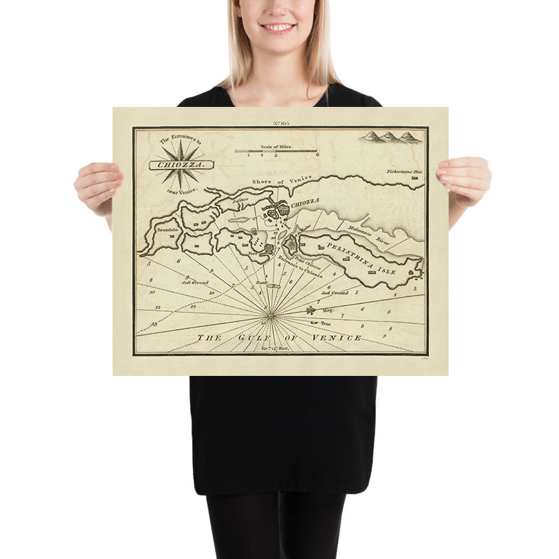 Ancienne entrée de la carte nautique de Chioggia par Heather, 1802 : Golfe de Venise, rivière Malamocco 