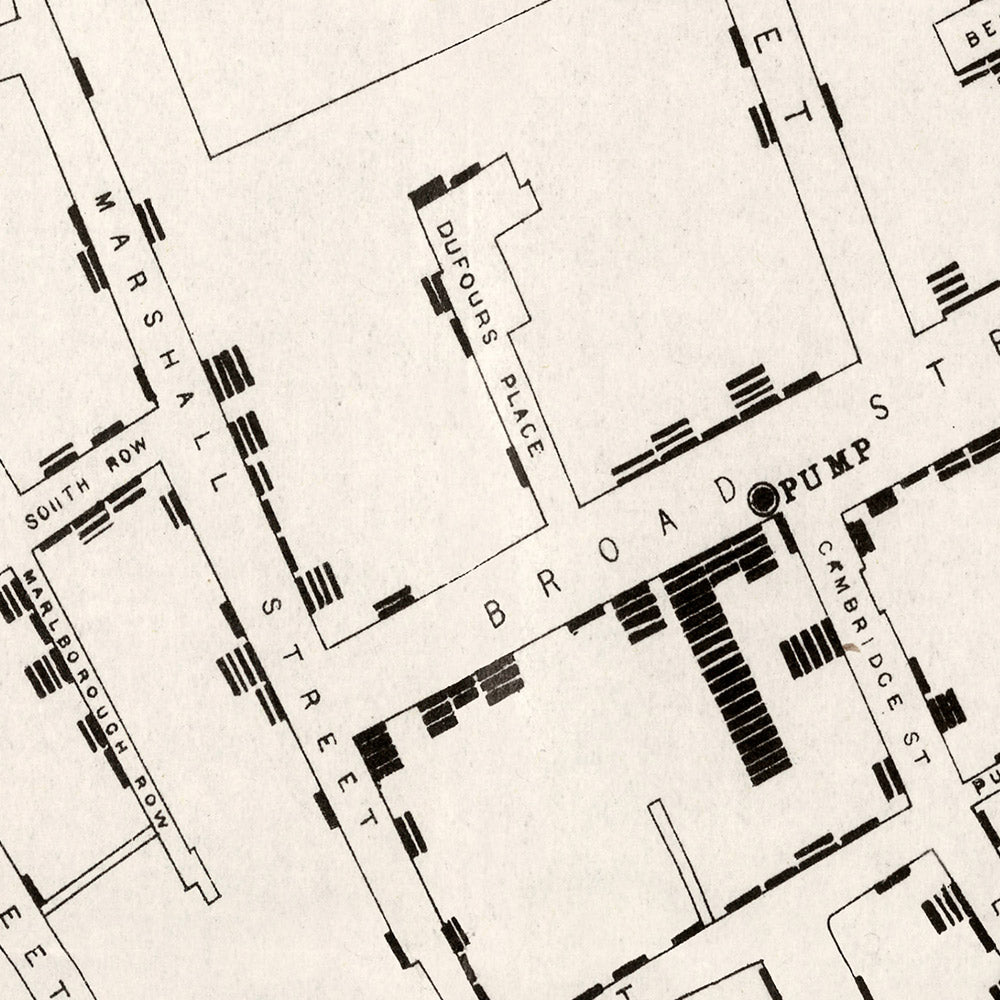 Antiguo mapa infográfico del brote de cólera causado por la nieve en Londres, 1855: bombas de agua, muertes por cólera, calles urbanas.