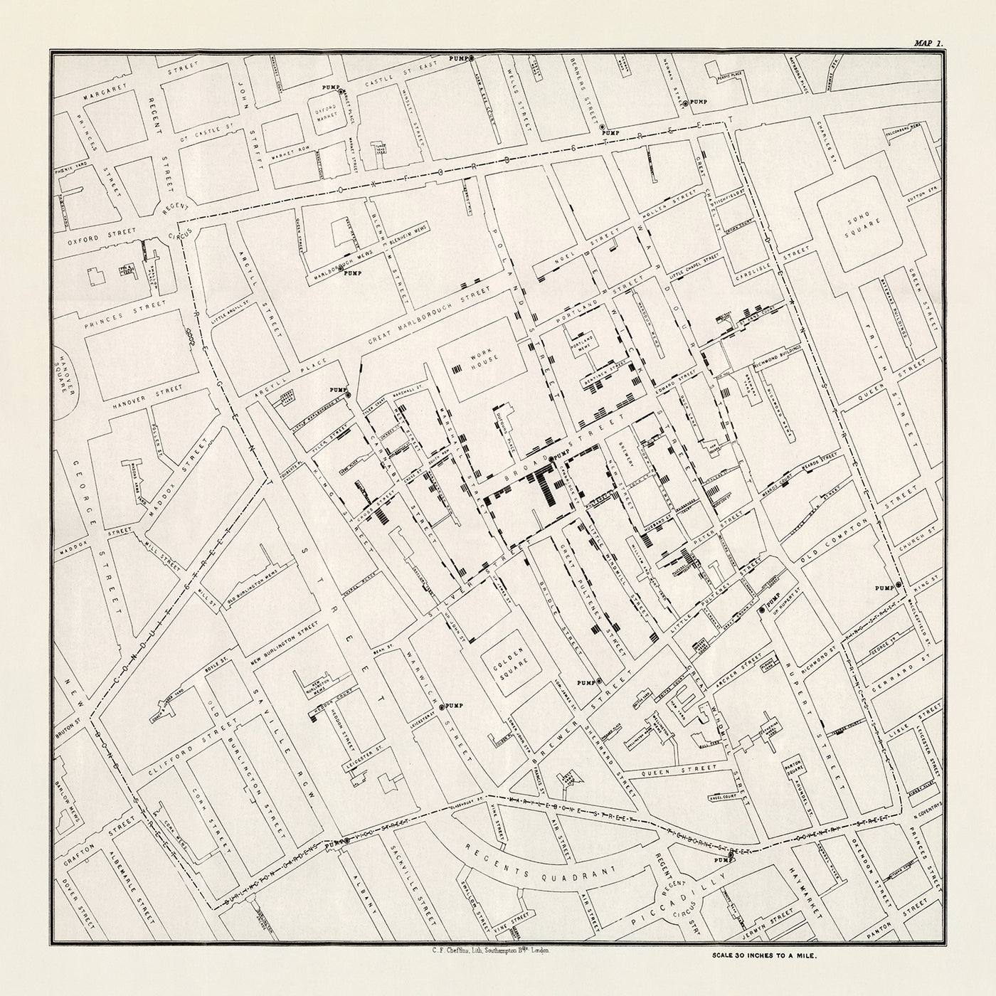 Alte Infografik-Karte des Choleraausbruchs durch Schnee in London, 1855: Wasserpumpen, Cholera-Todesfälle, Straßen in der Stadt.