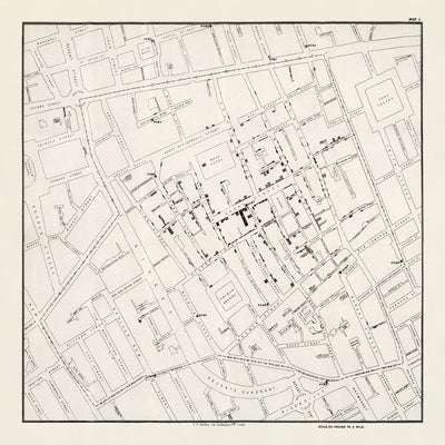 Ancienne carte infographique de l'épidémie de choléra à Londres par la neige, 1855 : pompes à eau, décès dus au choléra, rues urbaines.