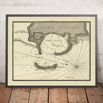 Old Civitavecchia, Italy Nautical Chart by Heather, 1802: Port, Castle, Lighthouse