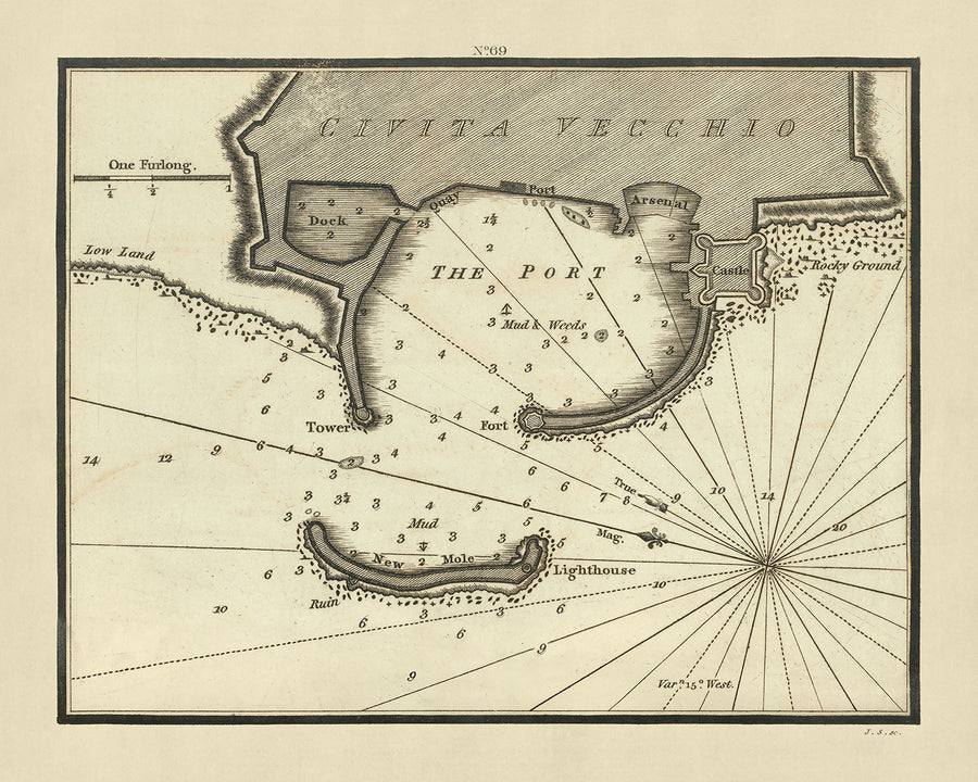 Ancienne Civitavecchia, Italie Carte Nautique par Heather, 1802 : Port, Château, Phare 