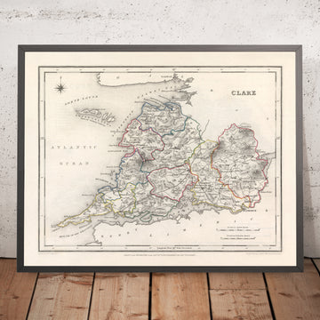 Alte Karte des Countys Clare von Samuel Lewis, 1844: Ennis, Kilrush, Shannon-Ästuar, Loop Head Halbinsel und Burren Landschaft 