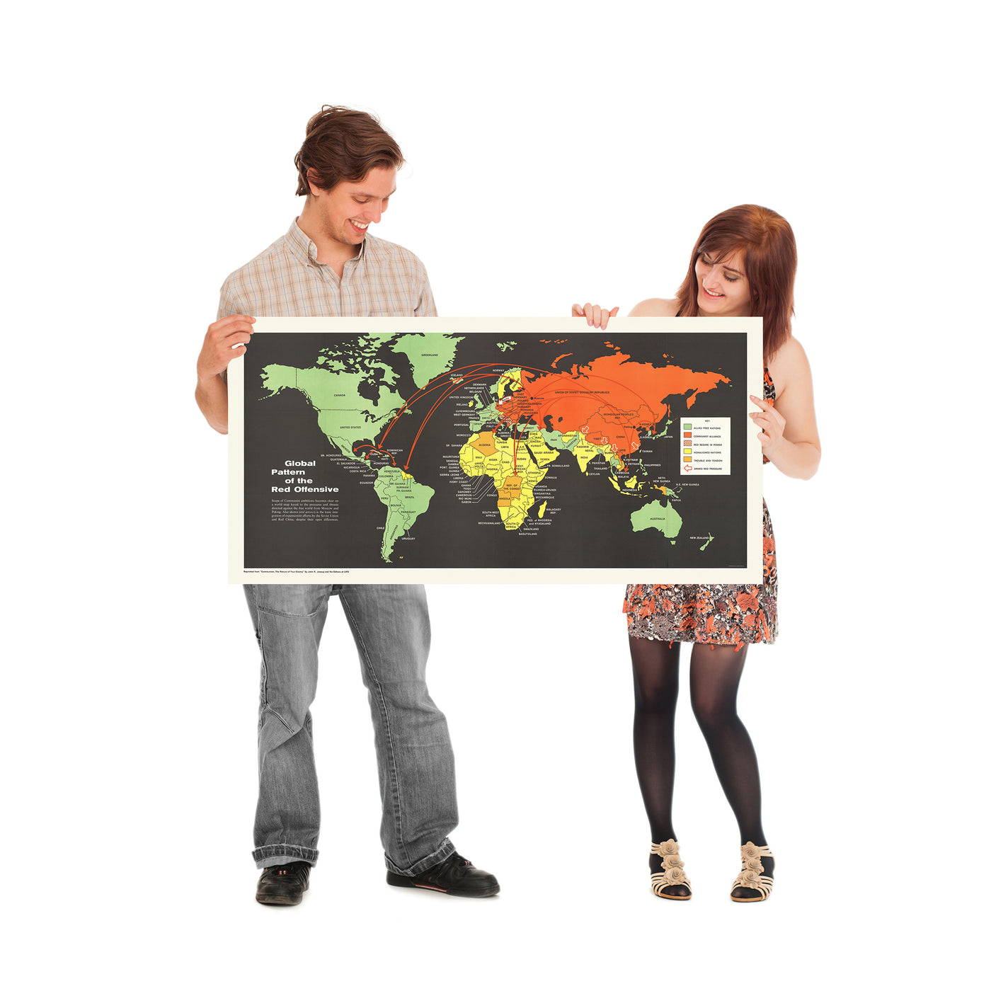 Mapa antiguo del mundo de la Guerra Fría, de Jessup, 1961: expansión comunista, naciones no alineadas, estilo propagandístico