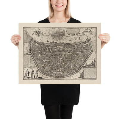 Ancienne carte Birdseye de Cologne par Braun, 1575 : cathédrale, Rathaus, Heumarkt, Rhin, remparts de la ville