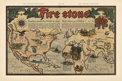 Alte Weltkarte Firestone-Reifen von Clegg, 1928: Globale Reichweite, dekorativer Stil, Industrieszenen