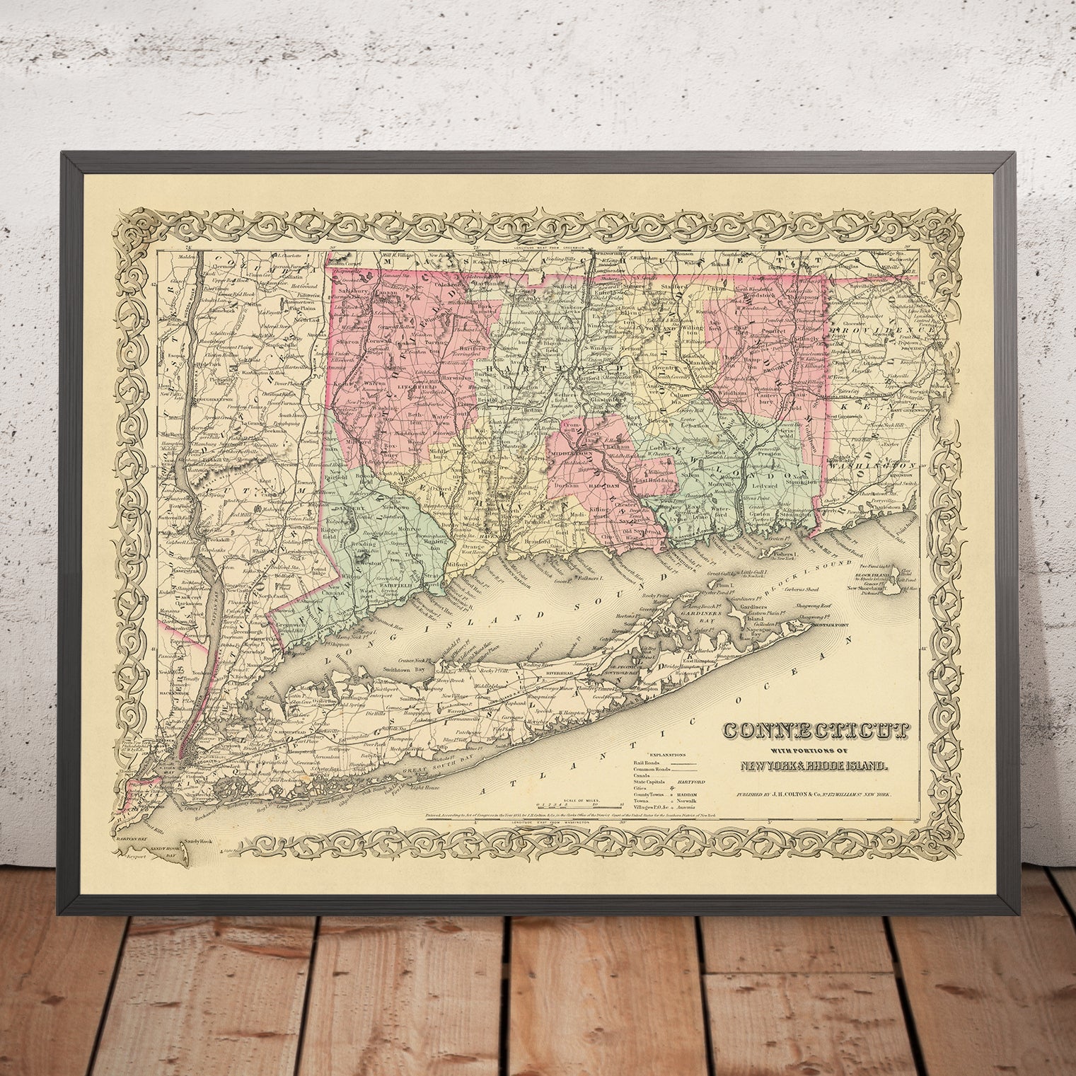 Mapa antiguo de Connecticut y Long Island de Colton, 1855: New Haven ...