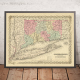Mappa Antica del Connecticut e Long Island di Colton, 1855: New Haven, Hartford, Bridgeport, Stamford e New London 