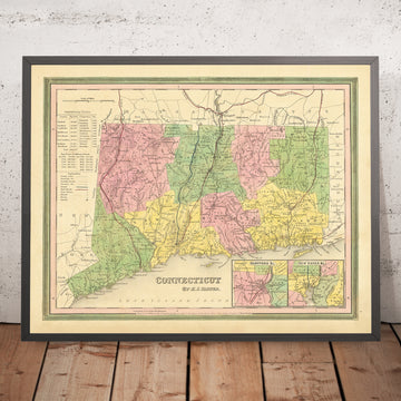 Mapa antiguo de Connecticut por HS Tanner, 1839: Hartford, New Haven, Litchfield, New London y Middletown