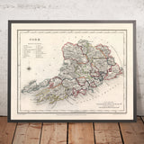 Ancienne carte du comté de Cork par Samuel Lewis, 1844 : Cobh, Kinsale, château de Blarney, Fota House, Mizen Head