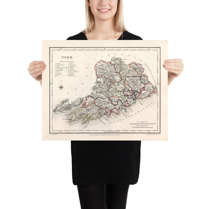 Ancienne carte du comté de Cork par Samuel Lewis, 1844 : Cobh, Kinsale, château de Blarney, Fota House, Mizen Head