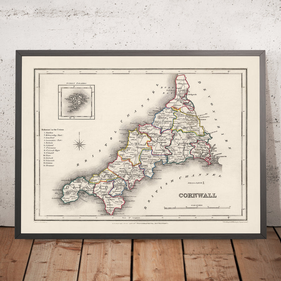 Old Map of Cornwall by Samuel Lewis, 1844: St Austell, Truro, Falmouth, Penzance, and Newquay
