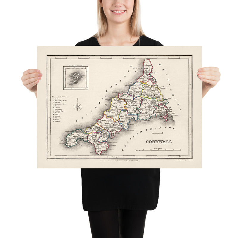 Old Map of Cornwall by Samuel Lewis, 1844: St Austell, Truro, Falmouth, Penzance, and Newquay