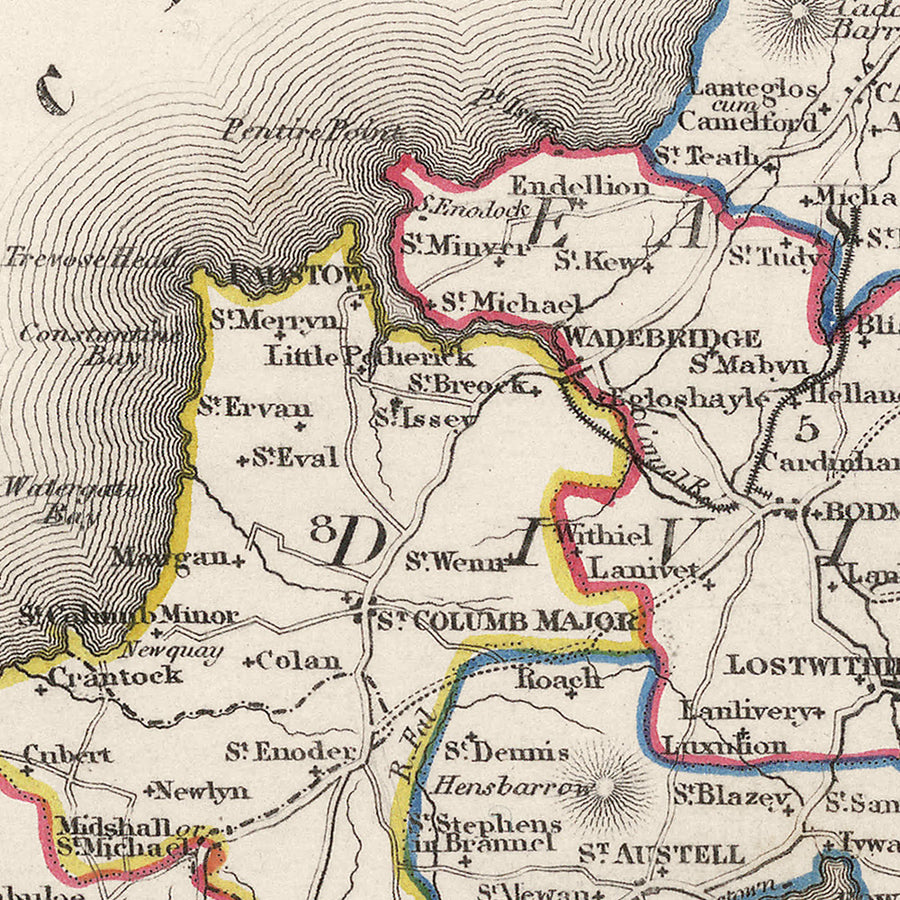 Old Map of Cornwall by Samuel Lewis, 1844: St Austell, Truro, Falmouth, Penzance, and Newquay