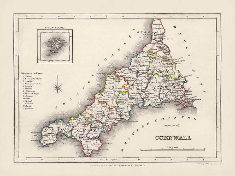 Old Map of Cornwall by Samuel Lewis, 1844: St Austell, Truro, Falmouth, Penzance, and Newquay