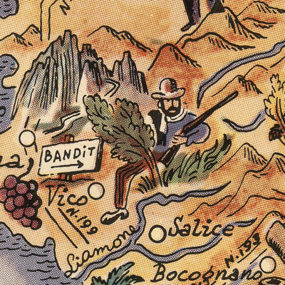 Ancienne carte picturale de la Corse par Liozu, 1951 : Ajaccio, Bastia, Napoléon, Montagnes, Rose des Vents