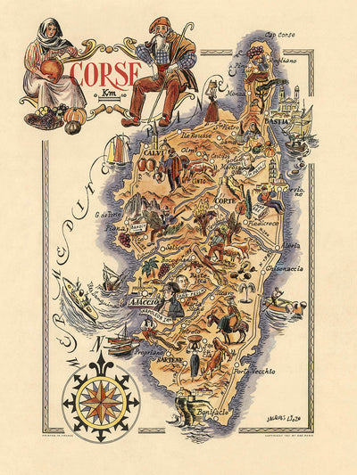 Ancienne carte picturale de la Corse par Liozu, 1951 : Ajaccio, Bastia, Napoléon, Montagnes, Rose des Vents