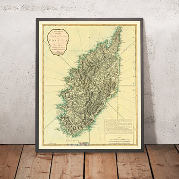 Antica mappa della Corsica di Laurie & Whittle, 1794: Topografia, Strade, Fiumi, Golfi, Ajaccio, Porto-Vecchio, Bastia 