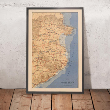 Mappa antica della Costa Brava di Dolcet nel 1950 - Girona, Figueres, Tossa de Mar, Lloret de Mar, Blanes 