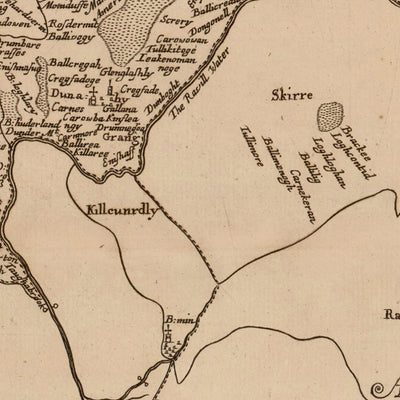 Ancienne carte du comté d'Antrim par Petty, 1685 : Antrim, Belfast, Carrickfergus, Lisburn, Randalstown