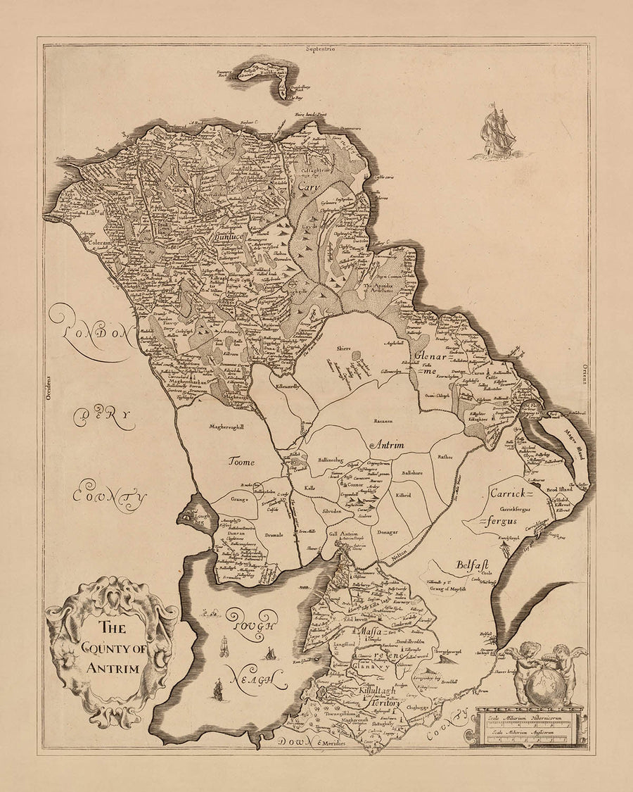 Alte Karte des County Antrim von Petty, 1685: Belfast, Carrickfergus, Lisburn, Randalstown 