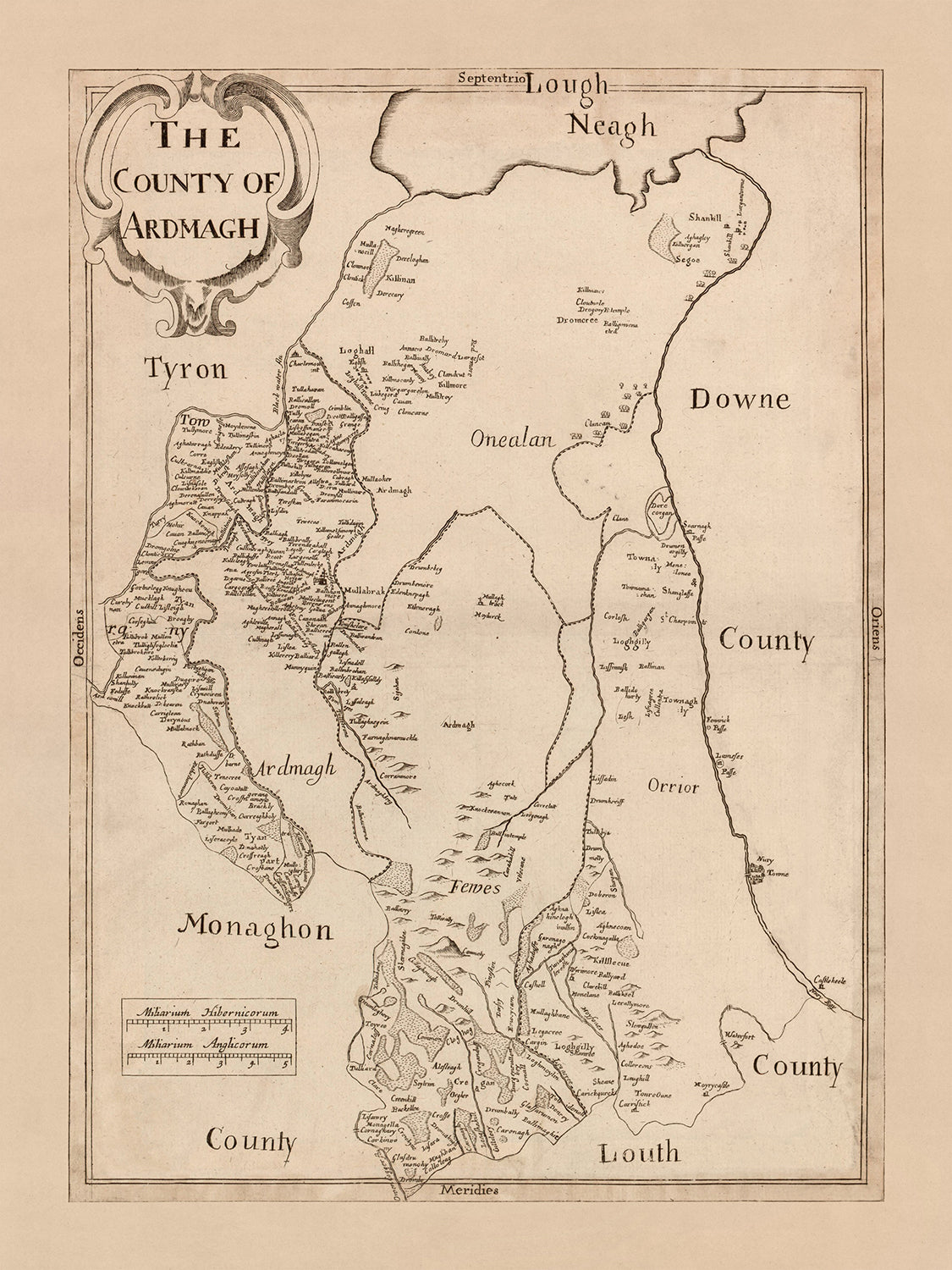 Ancienne carte du comté d'Armagh par Petty, 1685 : Armagh, Charlemont, Portadown, Lurgan, Tandragee