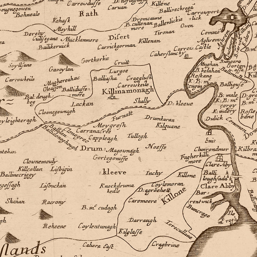 Alte Karte des County Clare von Petty, 1685: Bunratty Castle, Cliffs of Moher, The Burren, Loop Head, Kilrush 
