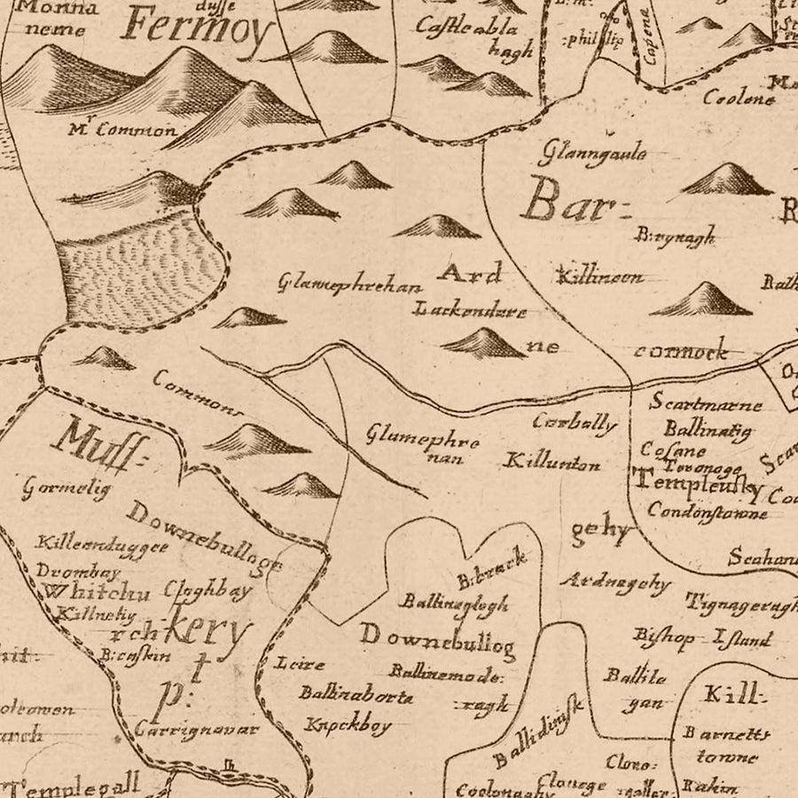Alte Karte des County Cork von Petty, 1685: Kinsale, Bandon, Clonakilty, Bantry, Skibbereen 