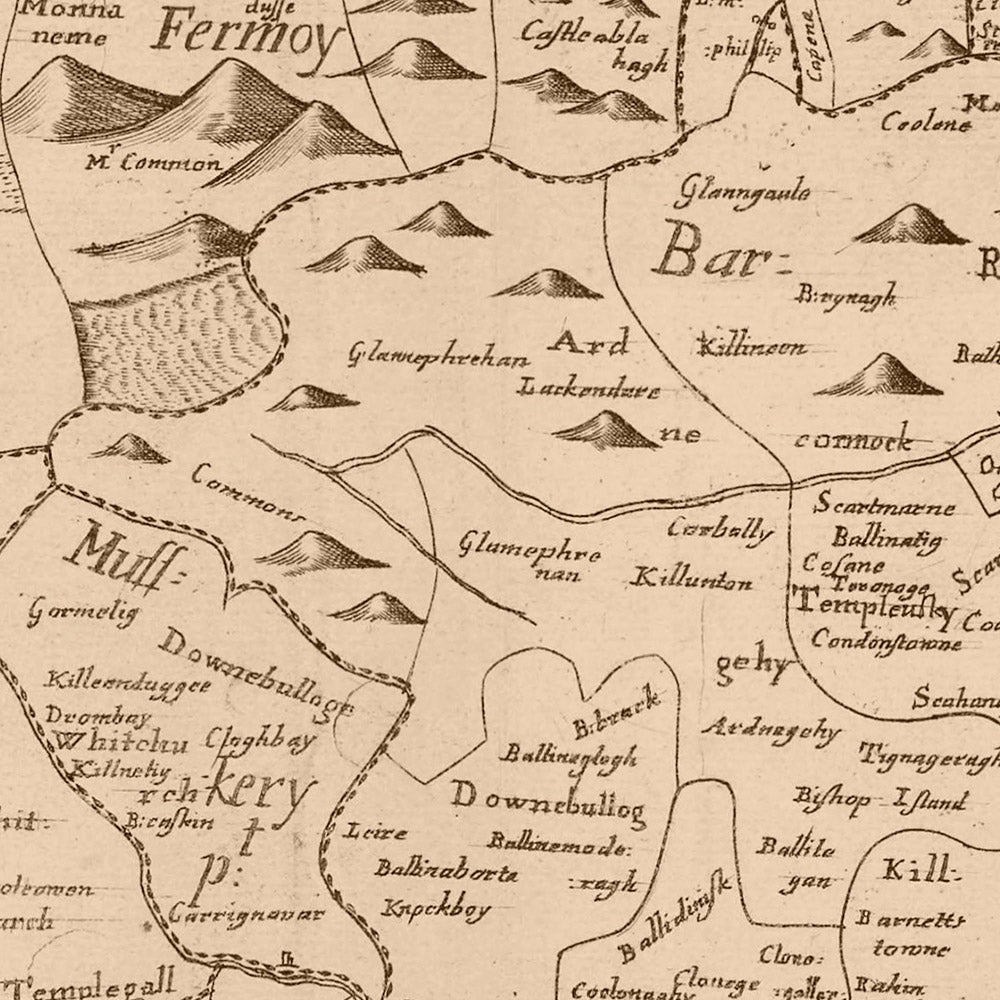 Mapa antiguo del condado de Cork por Petty, 1685: Castillo de Blarney, Charles Fort, Kinsale, Cork, Bantry