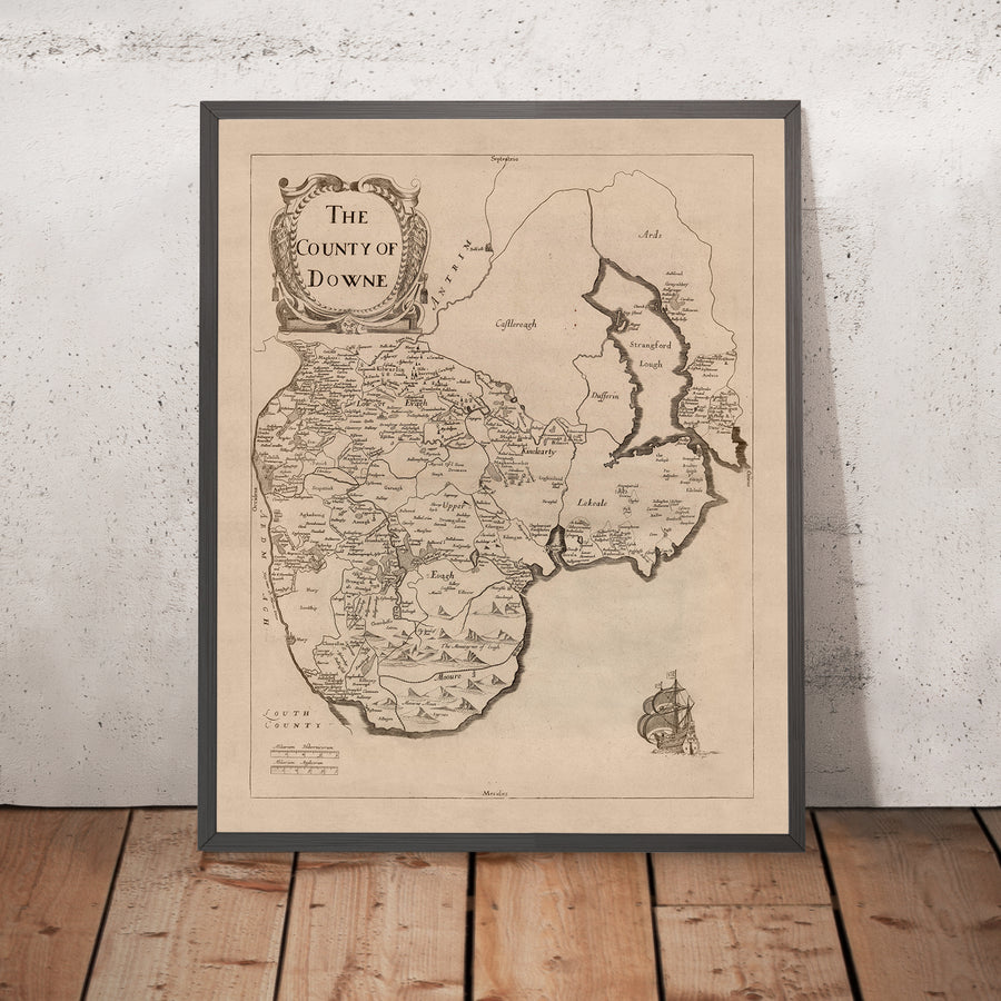 Alte Karte des County Down von Petty, 1685: Bangor, Donaghadee, Hillsborough, Mourne Mountains, Tollymore 