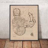Mapa antiguo del Condado de Down por Petty, 1685: Bangor, Donaghadee, Hillsborough, Montañas Mourne, Tollymore 