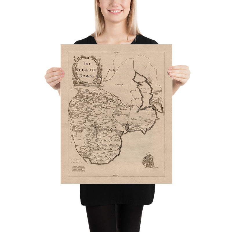 Alte Karte des County Down von Petty, 1685: Bangor, Donaghadee, Hillsborough, Mourne Mountains, Tollymore 