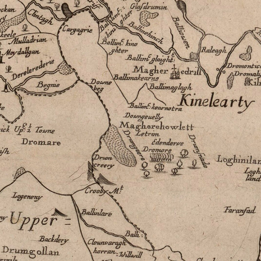 Alte Karte des County Down von Petty, 1685: Bangor, Donaghadee, Hillsborough, Mourne Mountains, Tollymore 