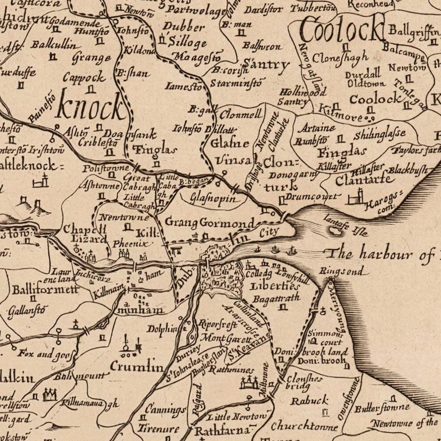 Mappa antica della Contea di Dublino di Petty, 1685: Dublino, Swords, Malahide, Skerries, Blackrock, Clondalkin 