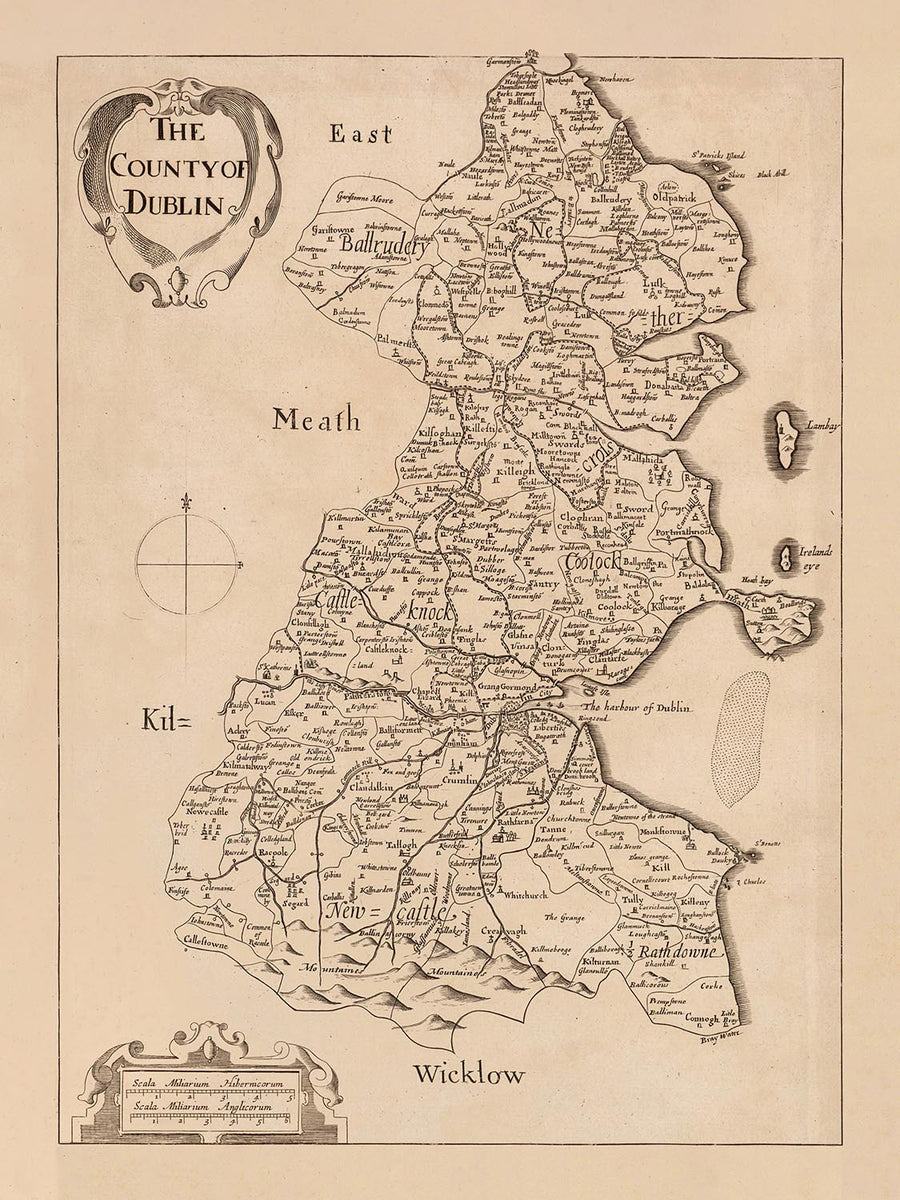 Mappa antica della Contea di Dublino di Petty, 1685: Dublino, Swords, Malahide, Skerries, Blackrock, Clondalkin 