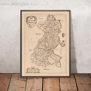 Mappa antica della Contea di Dublino di Petty, 1685: Dublino, Swords, Malahide, Skerries, Blackrock, Clondalkin 