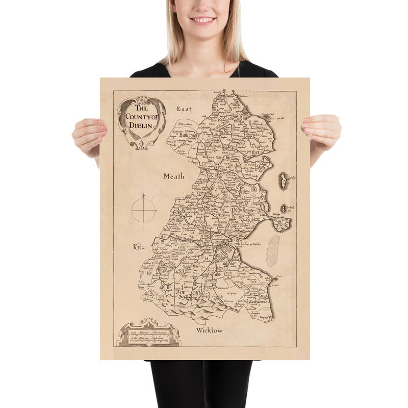 Mappa antica della Contea di Dublino di Petty, 1685: Dublino, Swords, Malahide, Skerries, Blackrock, Clondalkin 