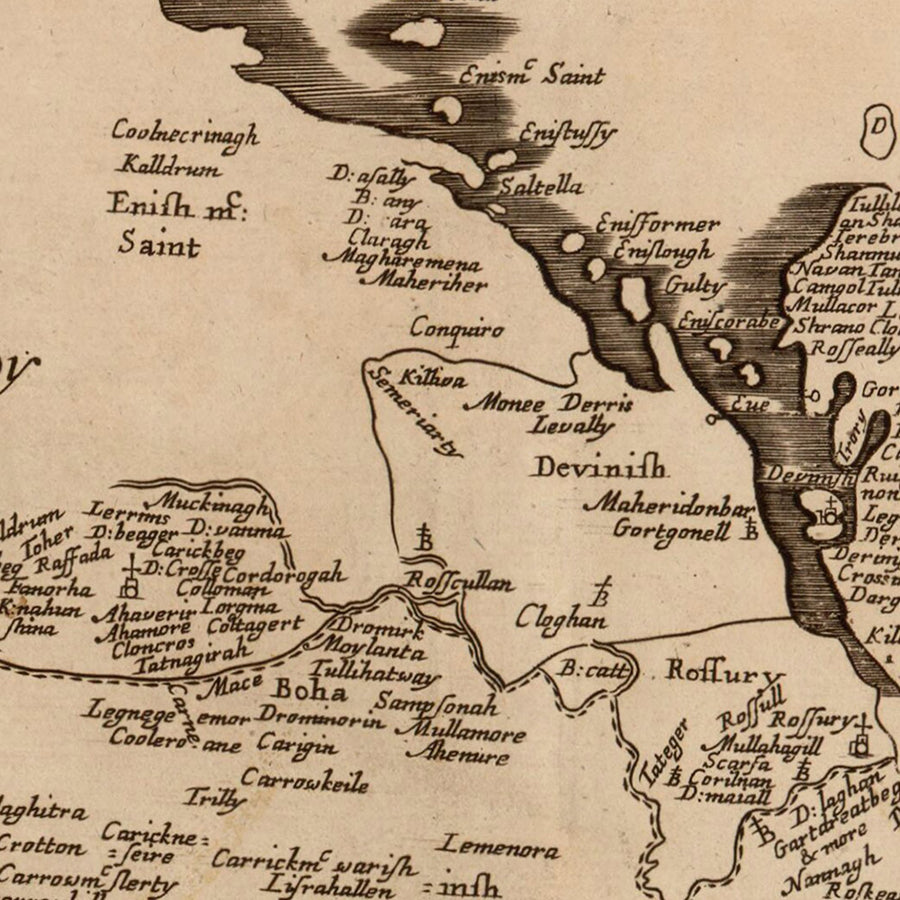 Alte Karte des County Fermanagh von Petty, 1685: Enniskillen, Castle Coole, Crom Estate, Florence Court, Lough Erne 