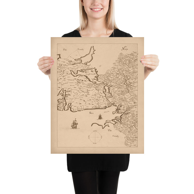 Ancienne carte du comté de Galway, 1685 : Galway, Connemara, Lough Corrib, abbaye de Kylemore, îles d&