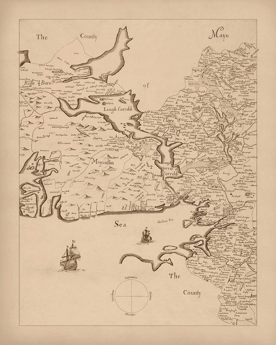 Ancienne carte du comté de Galway, 1685 : Galway, Connemara, Lough Corrib, abbaye de Kylemore, îles d&