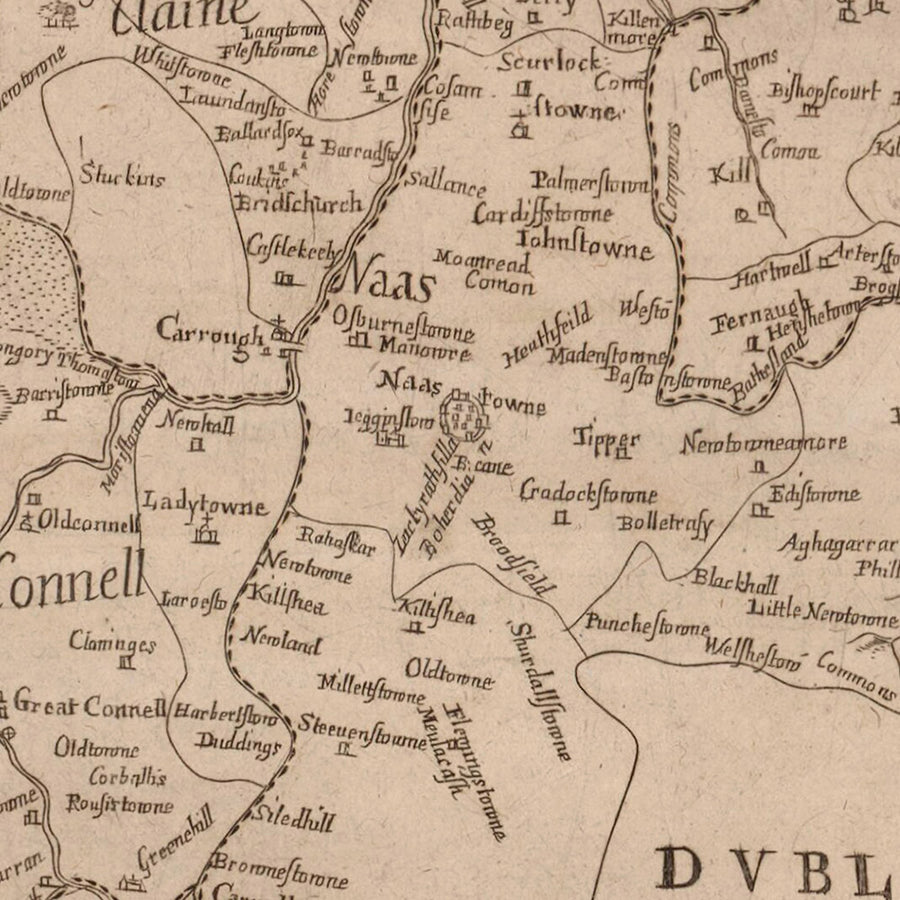 Alte Karte des County Kildare von Petty, 1685: Kildare, Naas, Maynooth, Castledermot, Monasterevan 