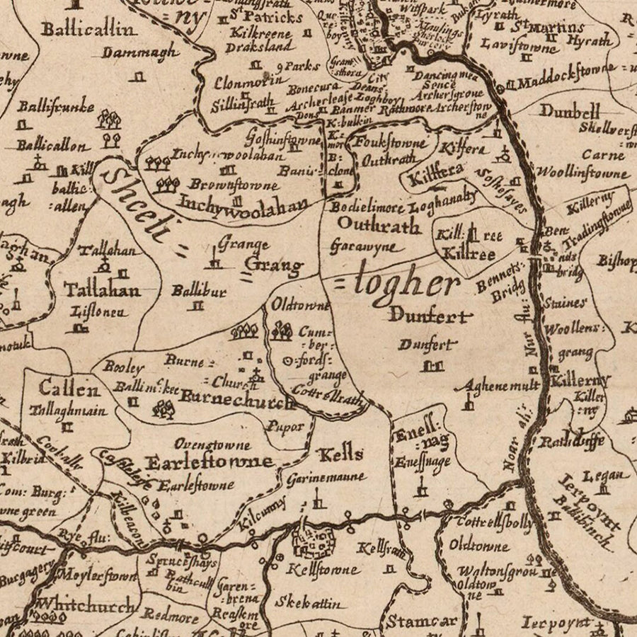 Antica mappa della contea di Kilkenny di Petty, 1685: Kilkenny, Callan, Thomastown, Abbazia di Jerpoint, Castello Nero 