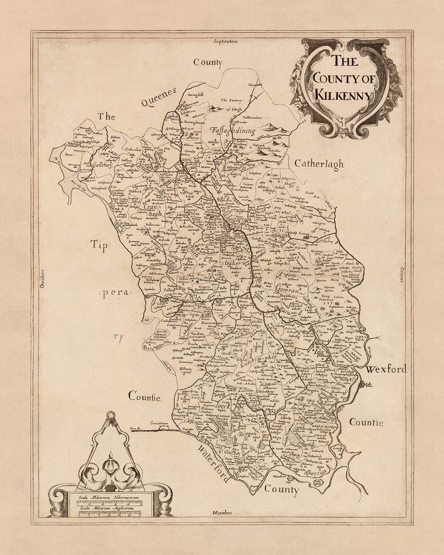 Antica mappa della contea di Kilkenny di Petty, 1685: Kilkenny, Callan, Thomastown, Abbazia di Jerpoint, Castello Nero 
