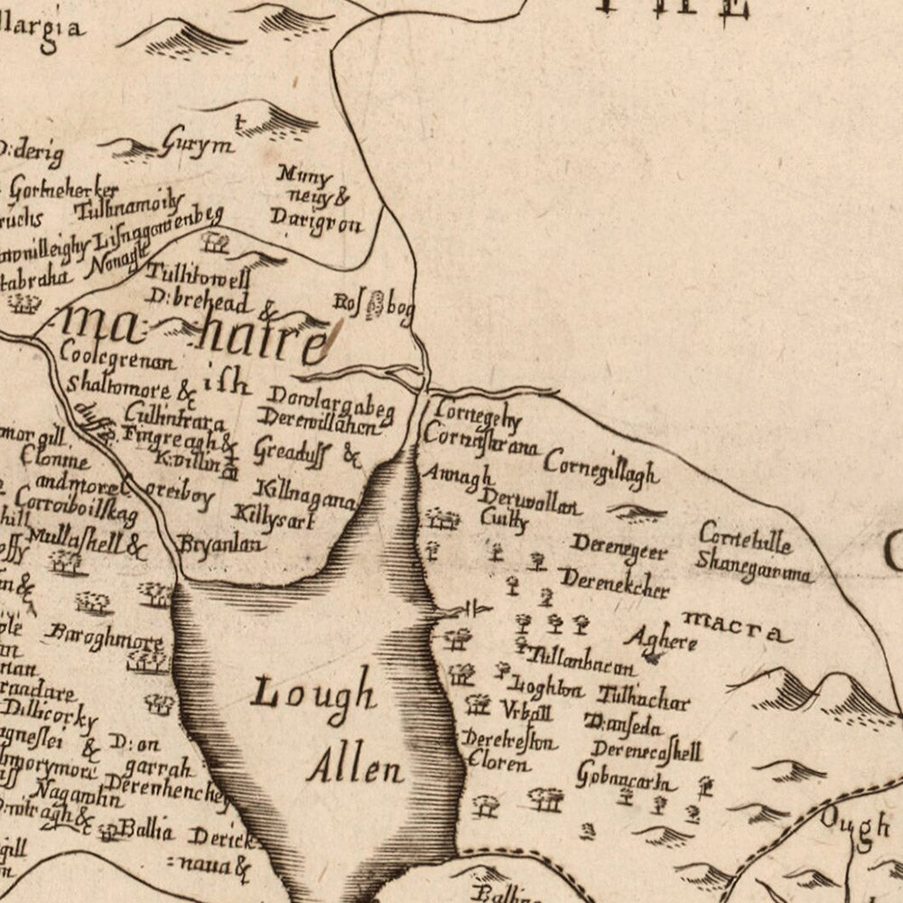 Mapa antiguo del condado de Leitrim por Petty, 1685: Carrick-on-Shannon, Jamestown, Leitrim, Down Survey, detallado político y físico