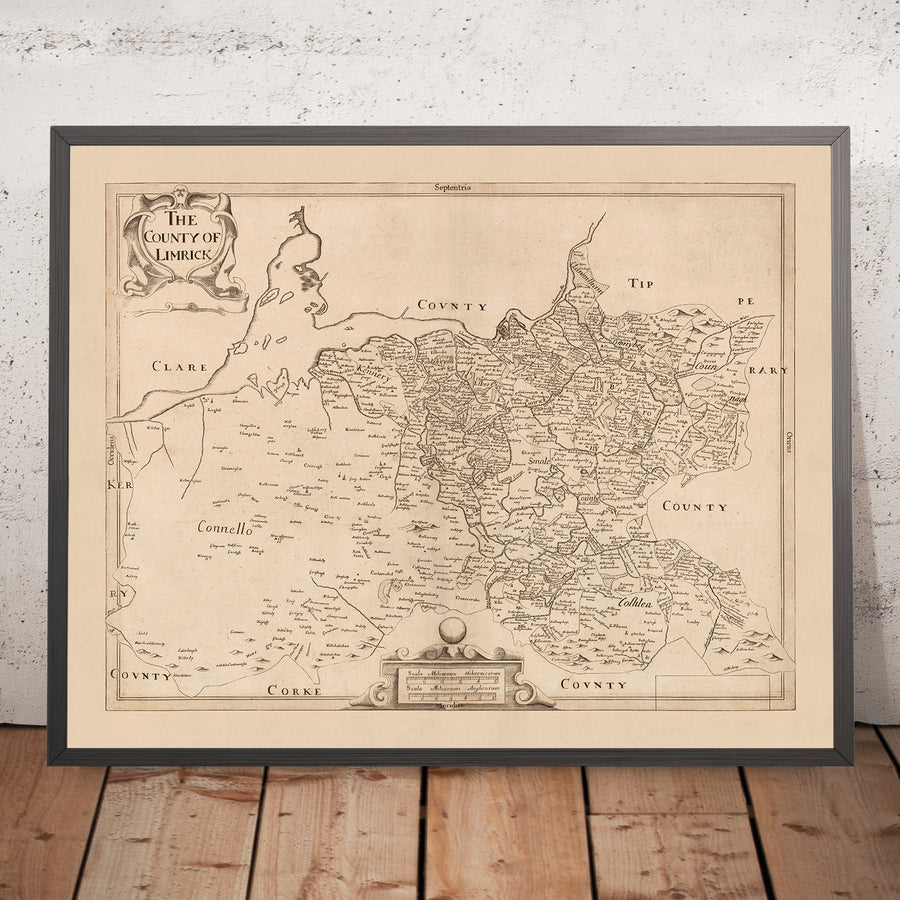 Alte Karte des County Limerick von Petty, 1685: Limerick, Newcastle West, Rathkeale, König Johanns Schloss, Desmond Schloss 