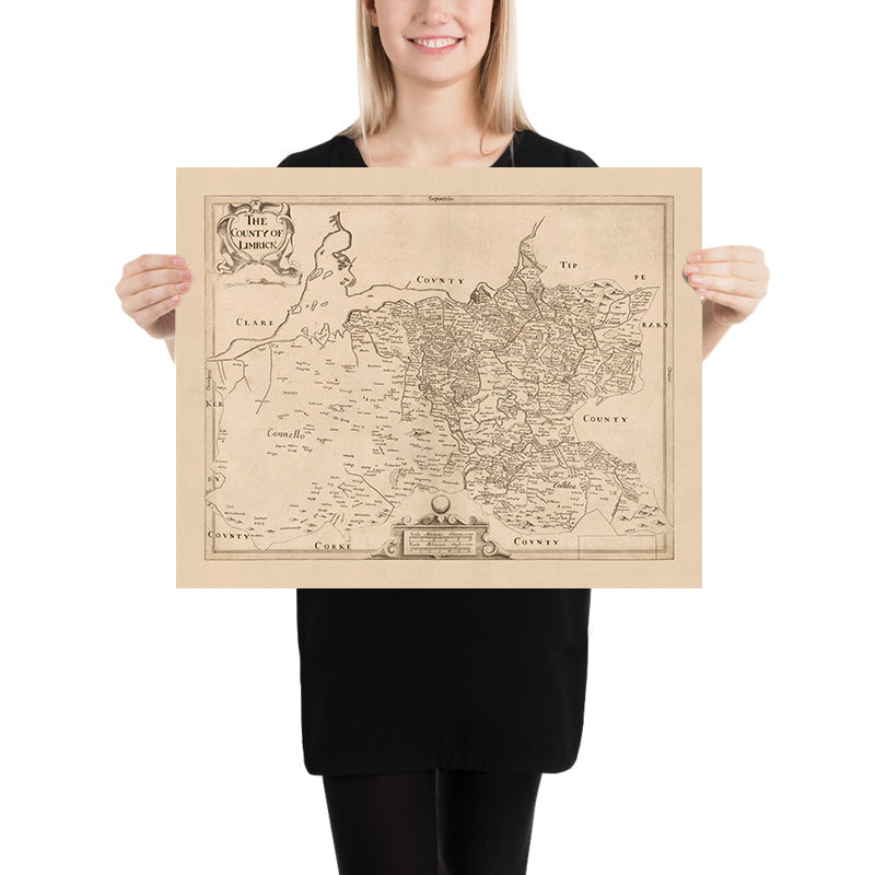 Alte Karte des County Limerick von Petty, 1685: Limerick, Newcastle West, Rathkeale, König Johanns Schloss, Desmond Schloss 