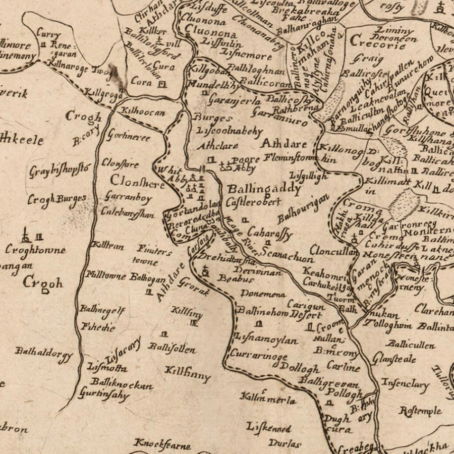 Alte Karte des County Limerick von Petty, 1685: Limerick, Newcastle West, Rathkeale, König Johanns Schloss, Desmond Schloss 