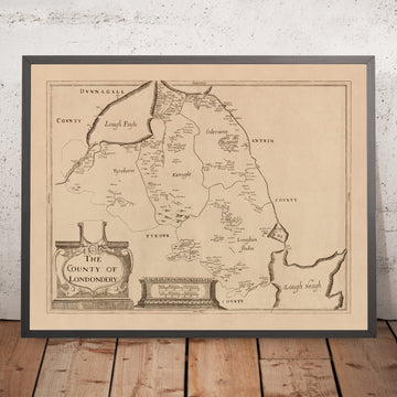 Ancienne carte du comté de Londonderry par Petty, 1685 : Ballymoney, Portrush, Coleraine, Limavady, domaine de Downhill, vallée de Roe 