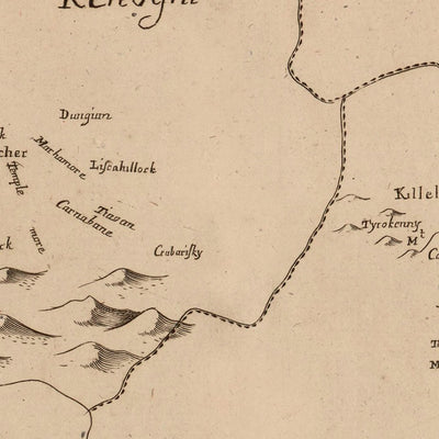Ancienne carte du comté de Londonderry par Petty, 1685 : Londonderry, Coleraine, Limavady, Downhill Demesne, Roe Valley Country Park